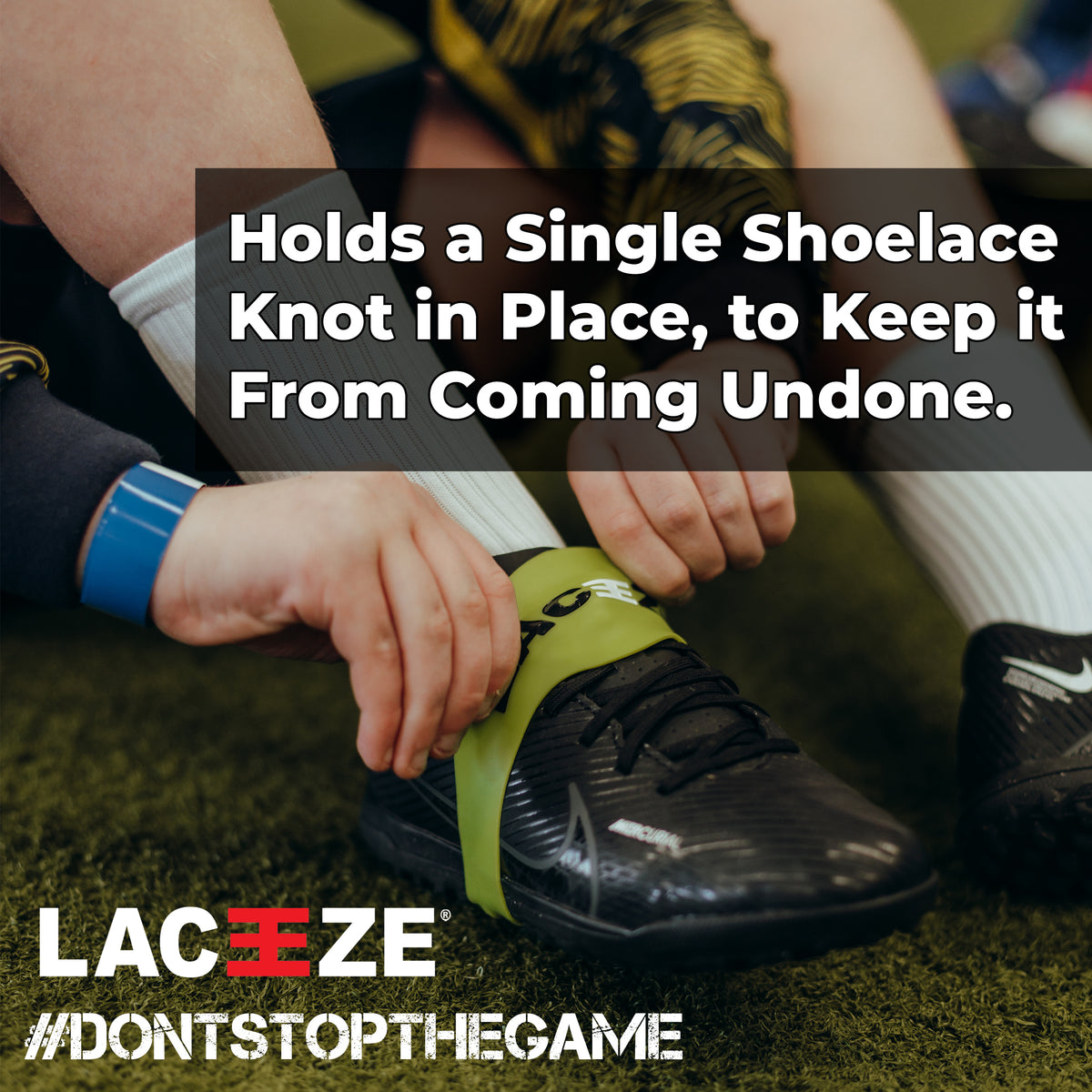 Person tying a shoelace with a lace-keezer, text on image about lace-keezer's use, brand 'LACEEZE' visible.