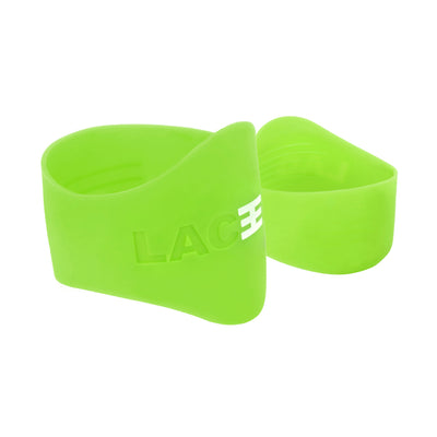 A pair of green Laceeze bands, to keep shoelaces tied during sport 